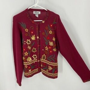 All points vintage floral leaf embroidered cotton blend cardigan sweater L
